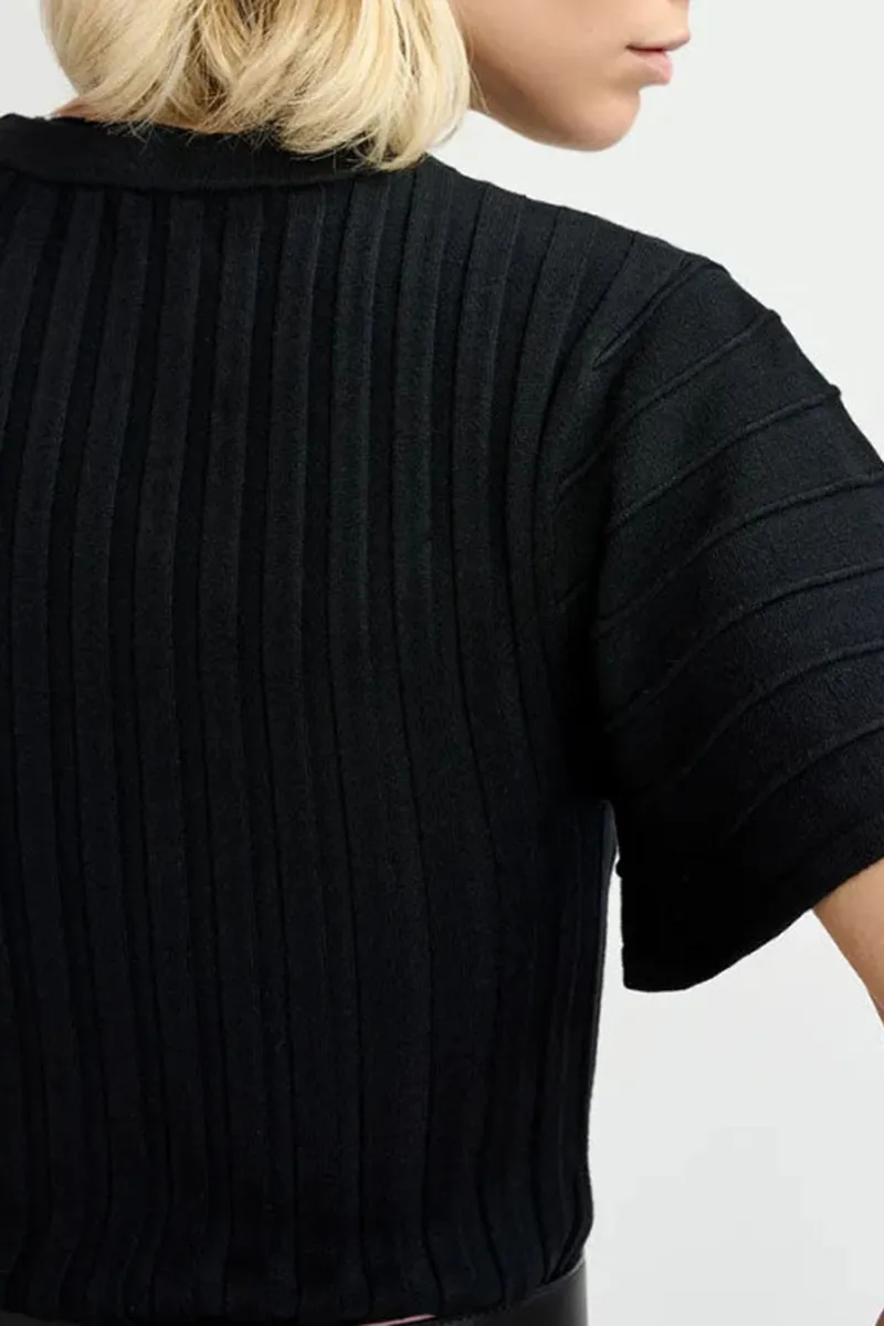Black Ribbed Knit Flared Sleeve Tops