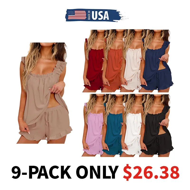Women's 2 Piece Ruffle Pajama Set - Tank Top & Shorts
