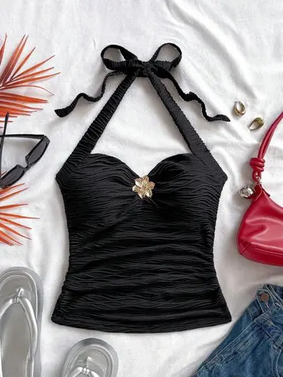 Floral Buckle Halter Tank Top