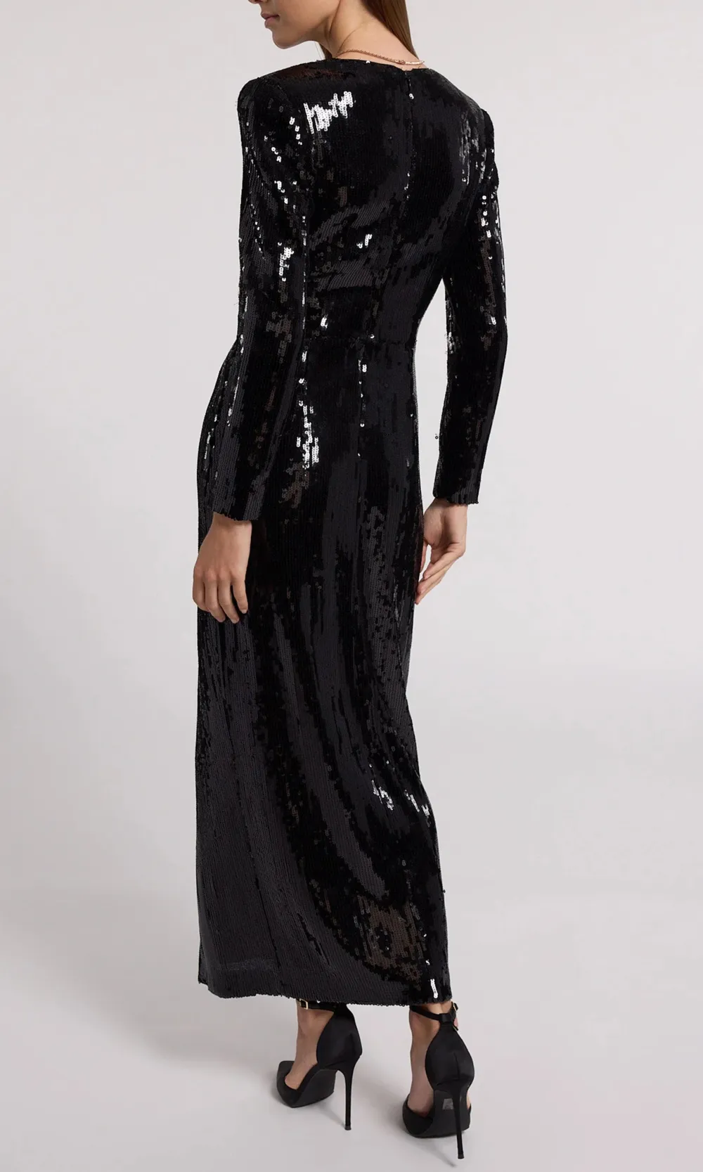 Deep V-neck Black Shiny Banquet Long Dress