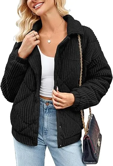 Women's Bomber Jacket Corduroy Ribbed Quilted Zip Up Long Sleeve Winter Coat