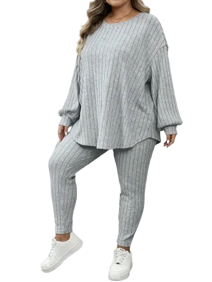 Plus Size Women's Autumn-Winter Ribbed 2pc Drop Shoulder Set