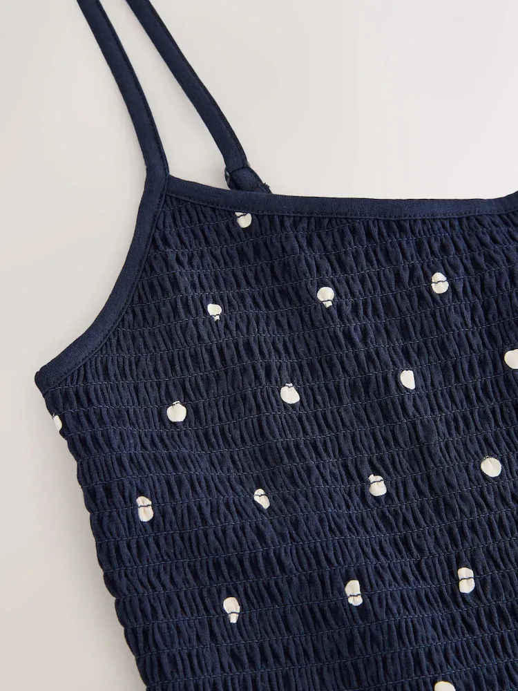 Navy Blue Polka Dot Maxi Square Neck Shirred Strappy Dress