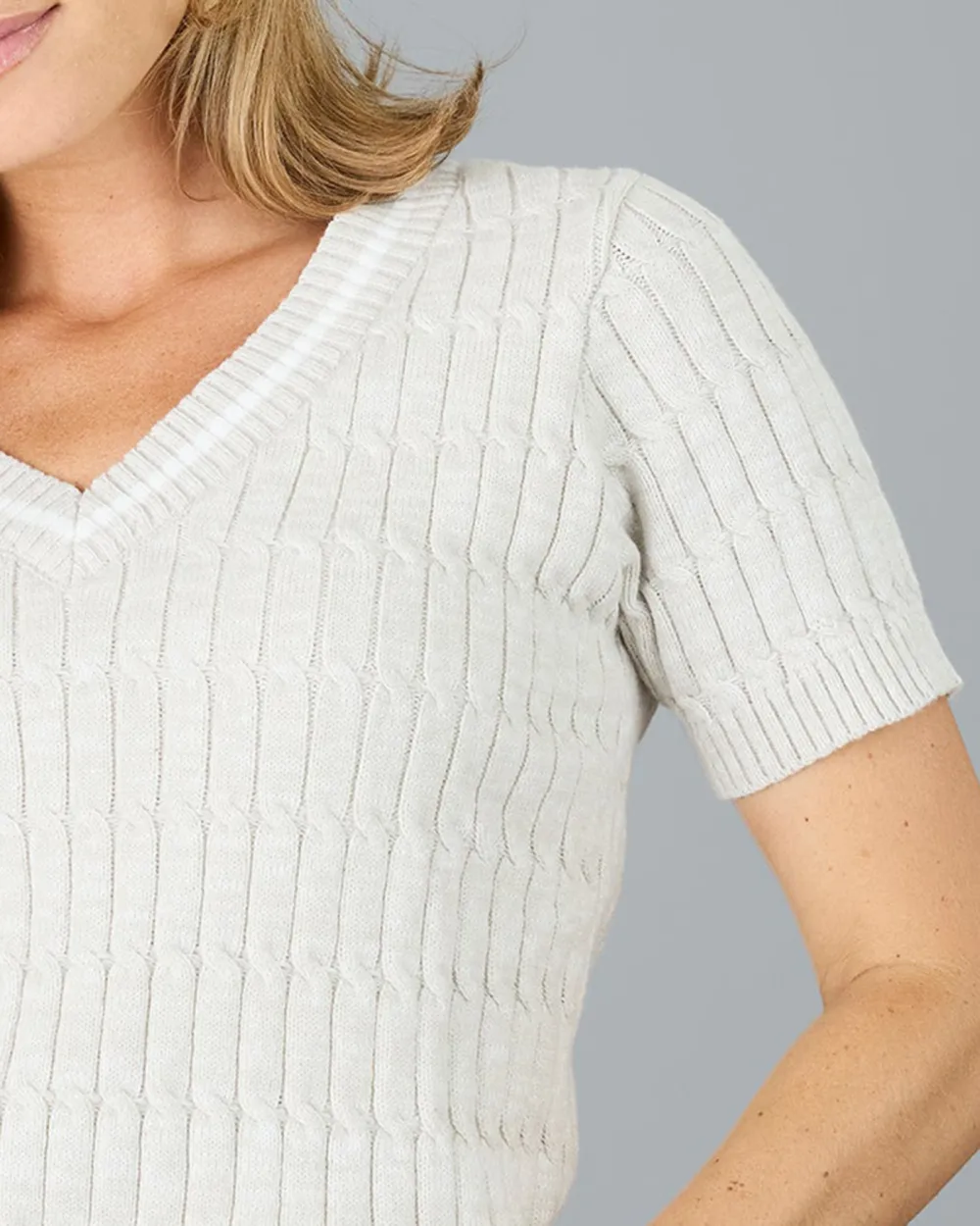 Cream V Neck Short Sleeve Knitted Top