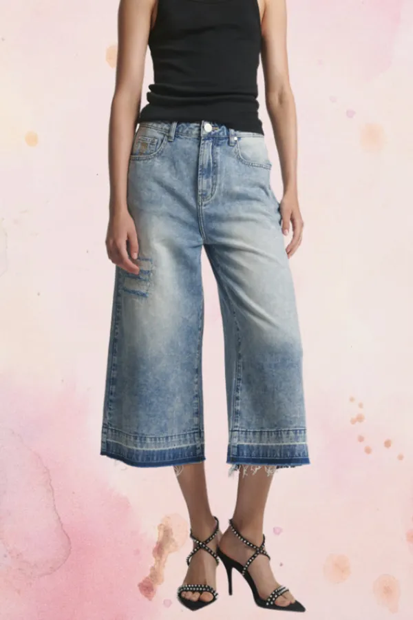 Blue Retro Loose Straight-Leg Denim Shorts