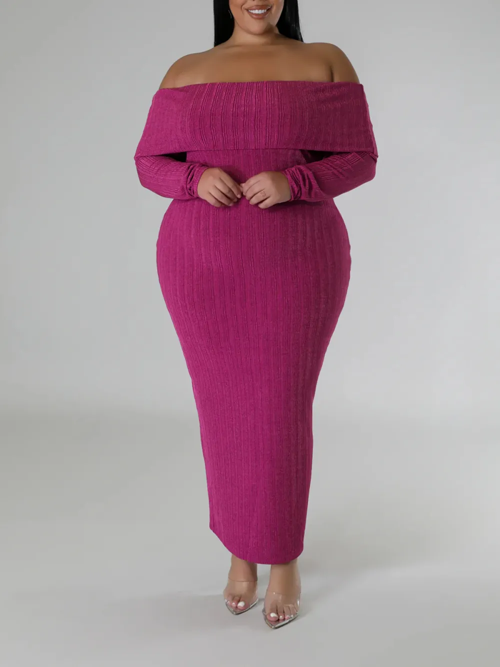 Long Sleeve Straight Neck Maxi Dress