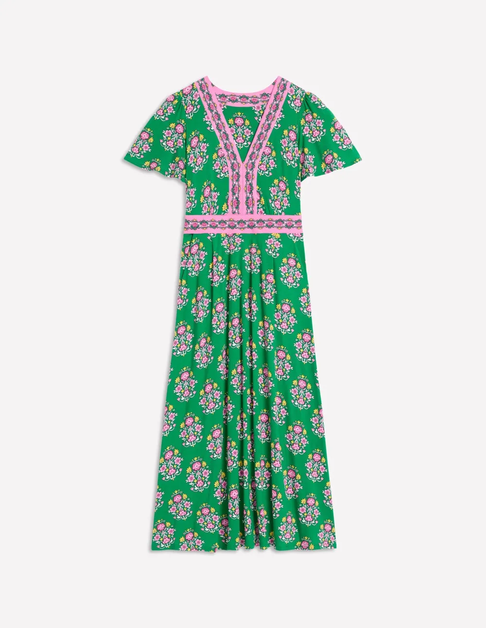 Green Floral Flutter - Sleeve Maxi Tea Dress