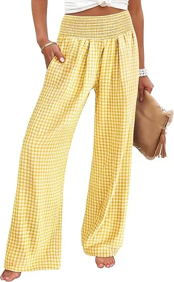 Women's High Waisted Plaid Wide Leg Pants - Lounge Pajama with Pockets