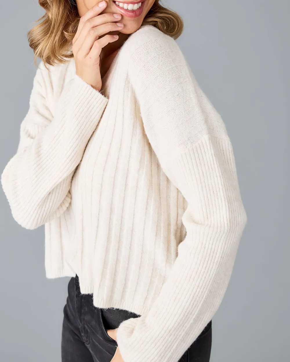 Oatmeal V-Neck Ribbed Sweater