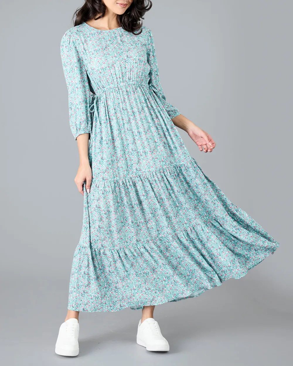 Blue Floral Print Tiered Maxi Dress