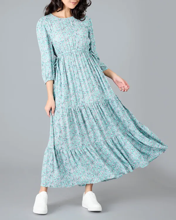 Blue Floral Print Tiered Maxi Dress