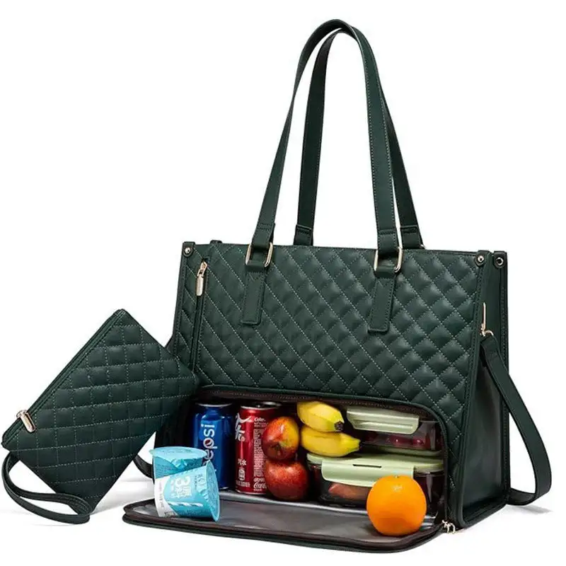 Roomy Faux Leather Quilted Lunch Tote Bag