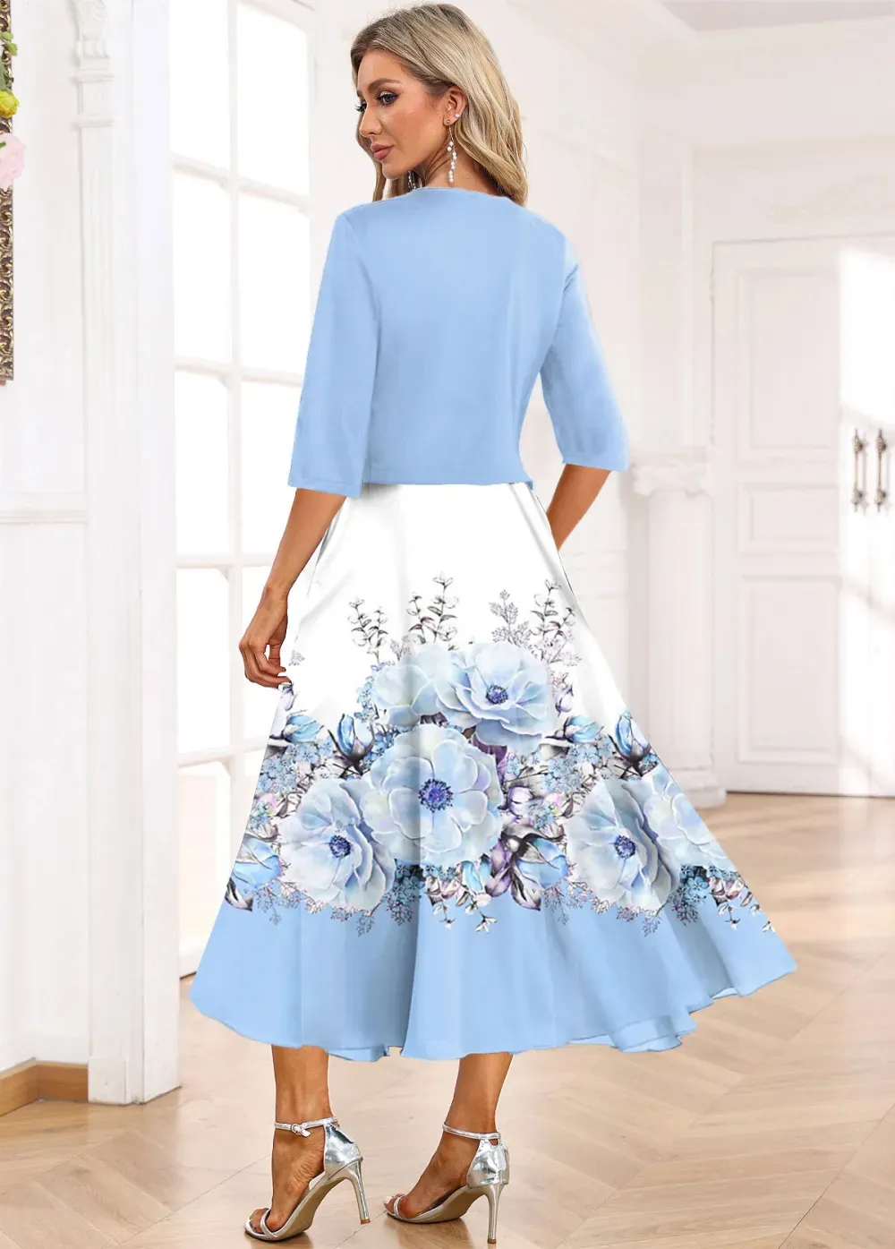 Light Blue Two Piece Floral Print Dress and Cardigan