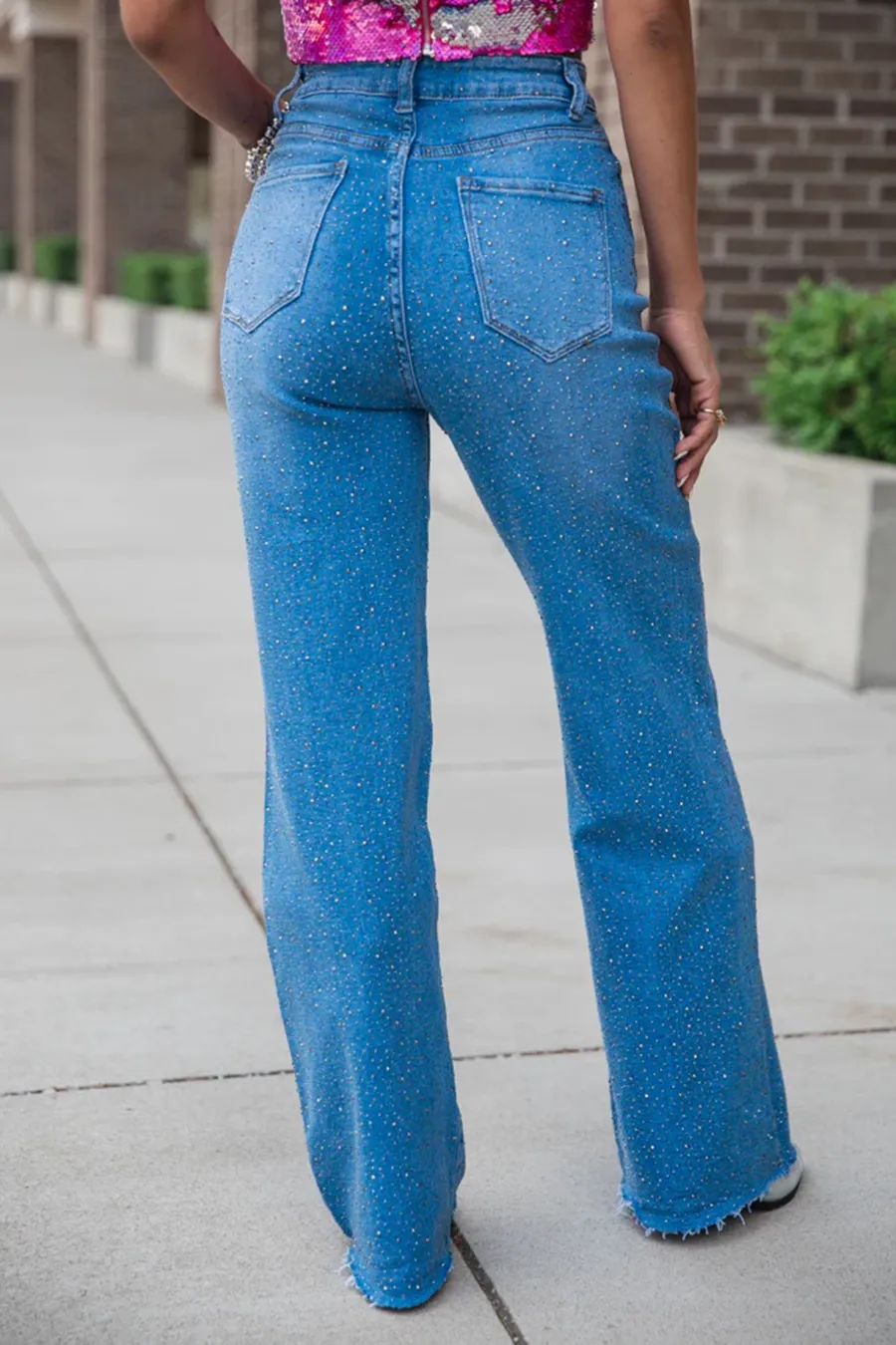 Medium Wash Rhinestone Detail Wide Leg Jeans