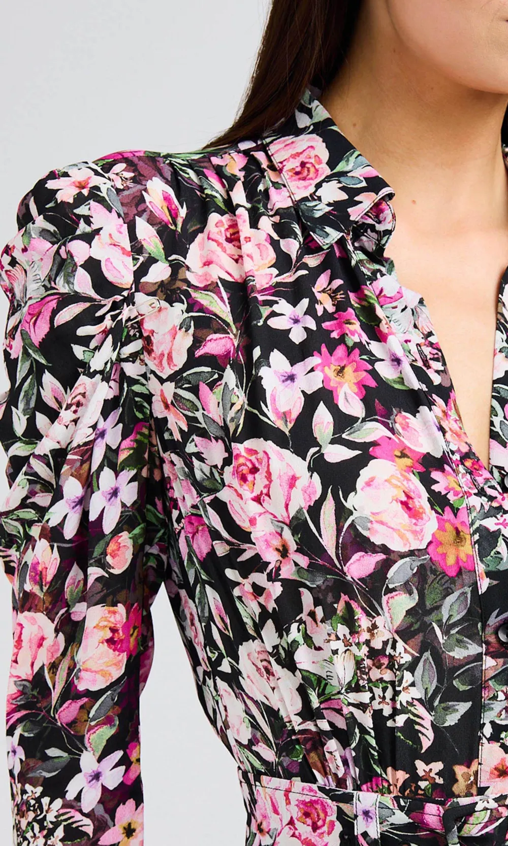 Floral Long Sleeve Lapel Short Dress