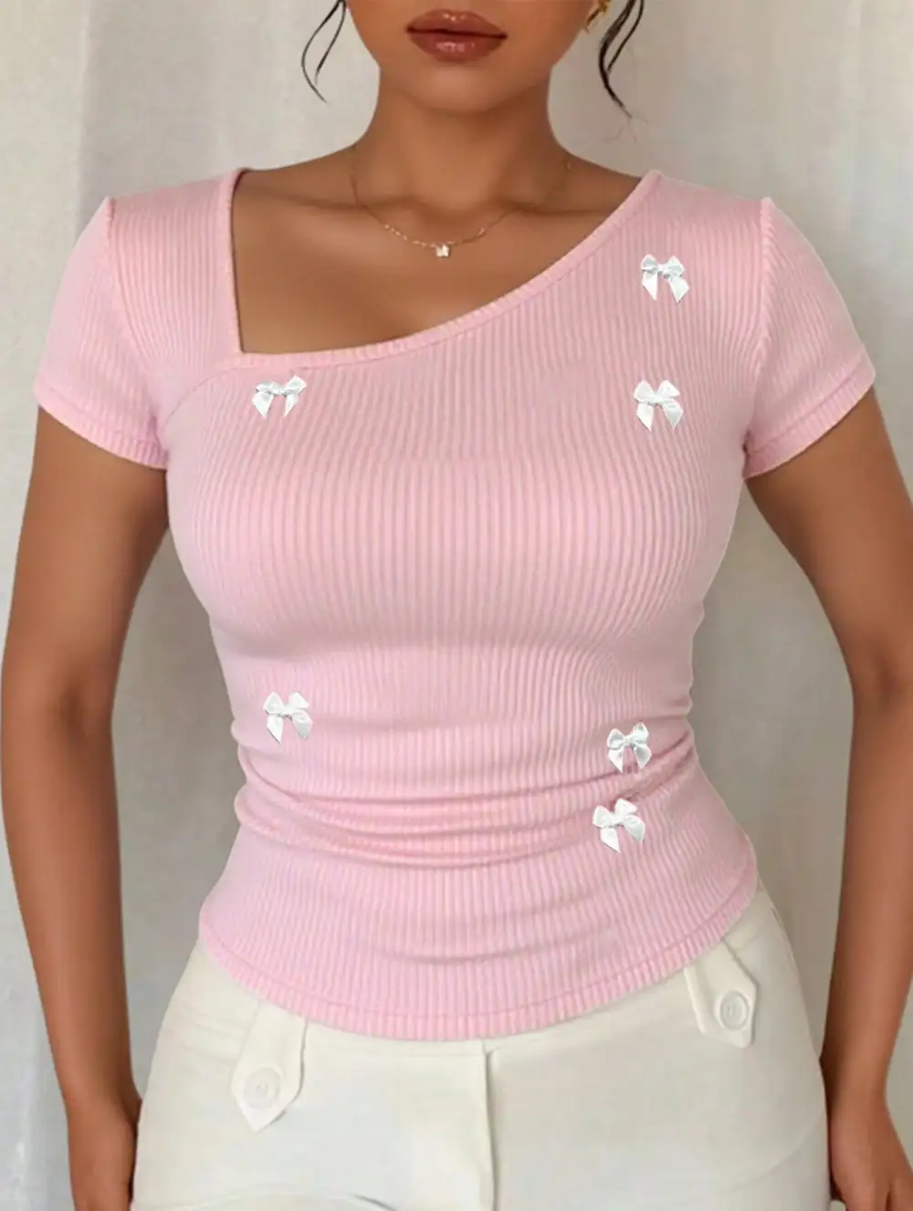 Bow One Shoulder Slim-Fit T-Shirt