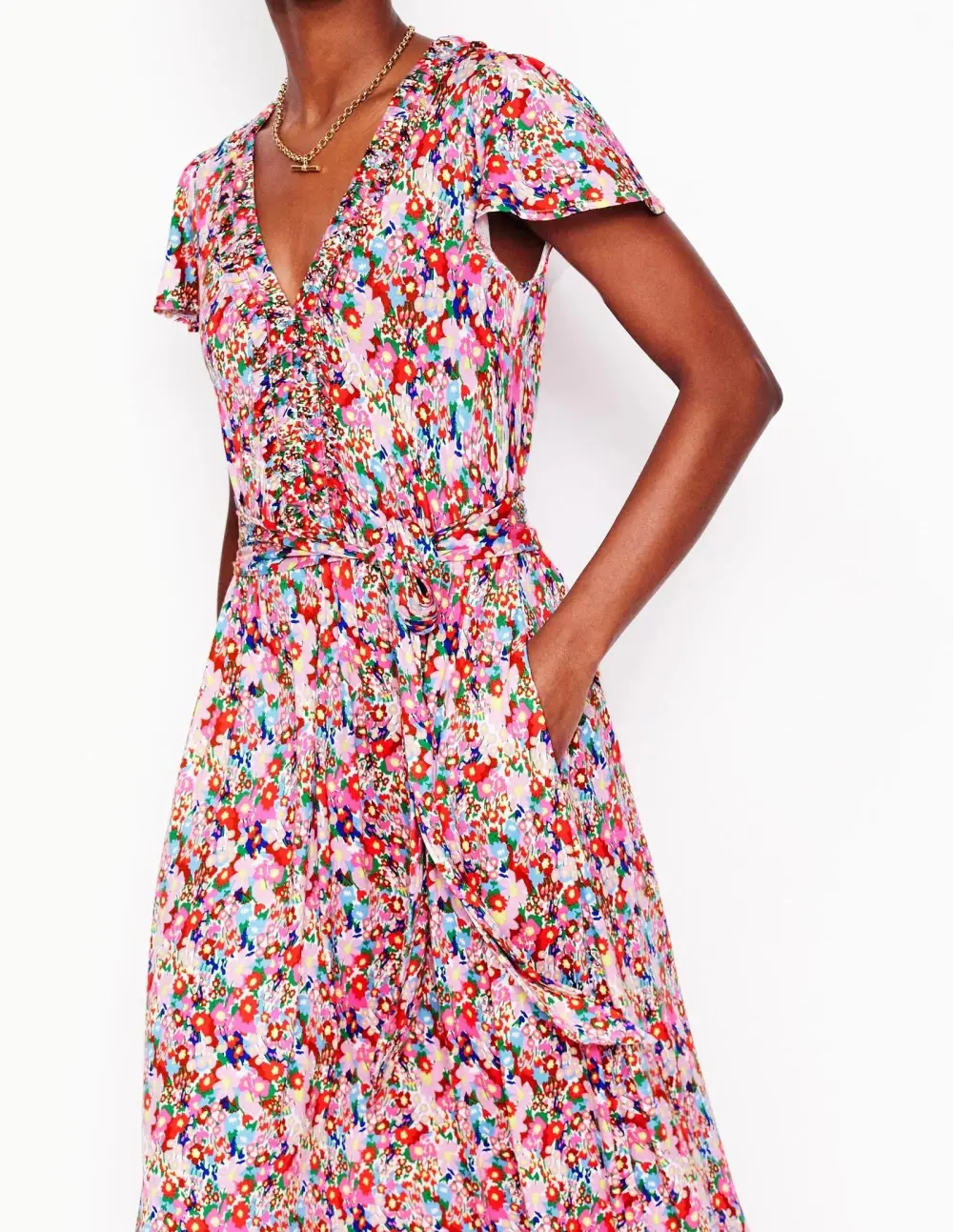 Light Pink Floral Short - Sleeve Maxi Dress