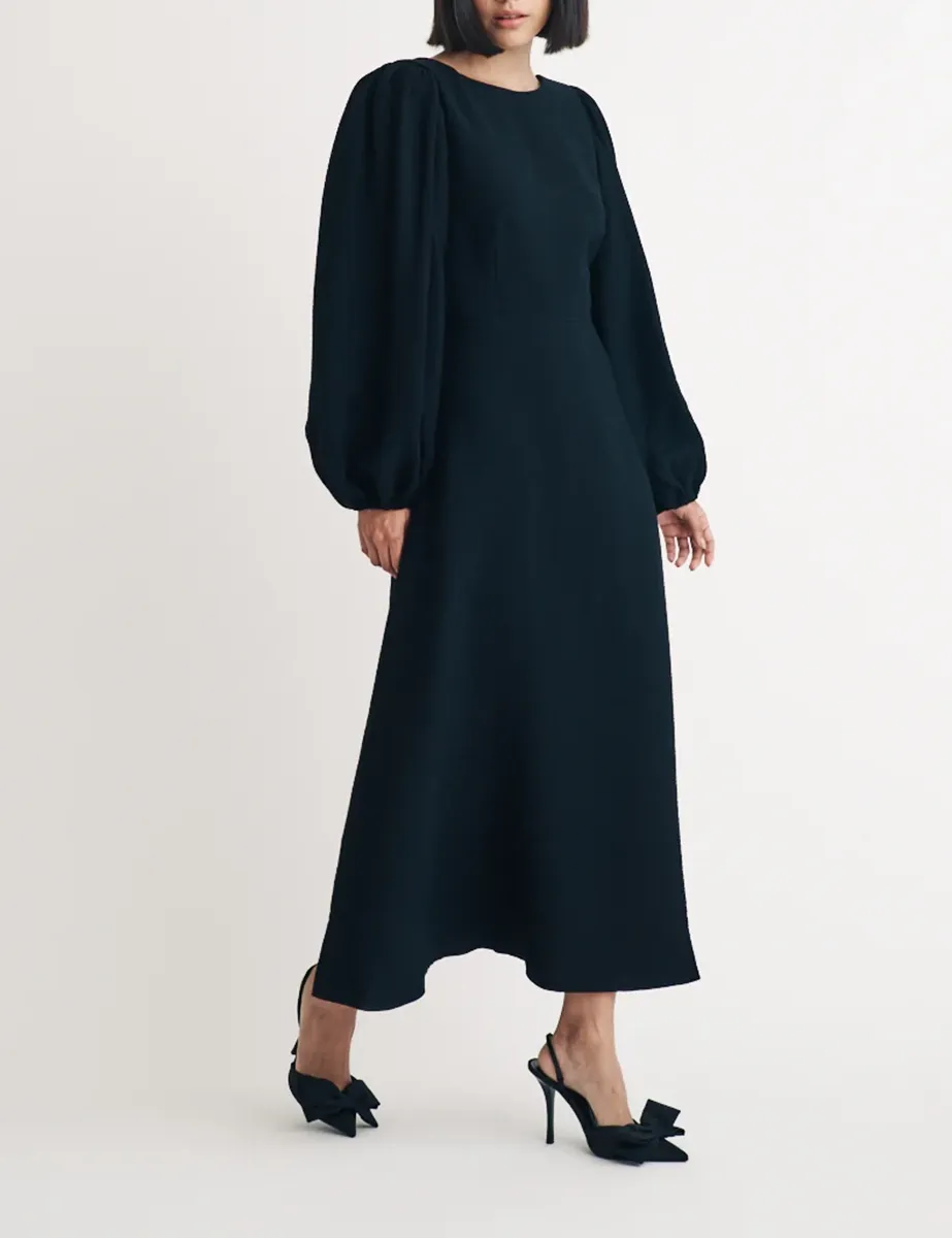 Black Backless Long Sleeve A-Line Midi Dress