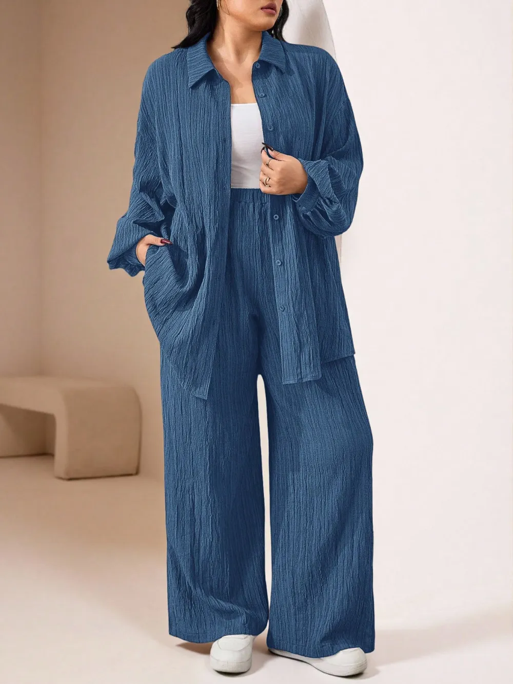 Women's Plus Size Plain Button-Up 2pc Set