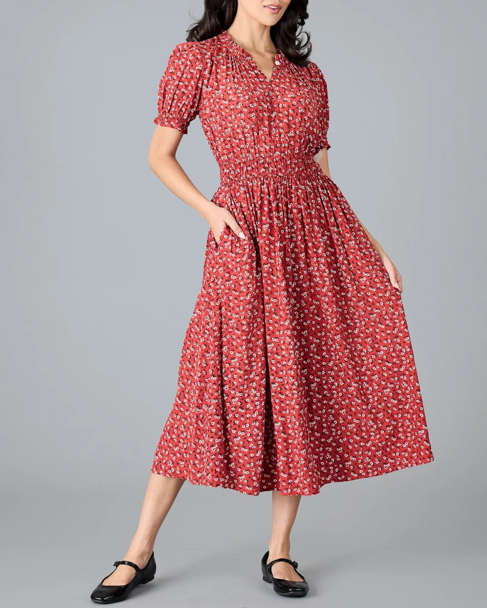 Red Mini Floral Print Midi Dress