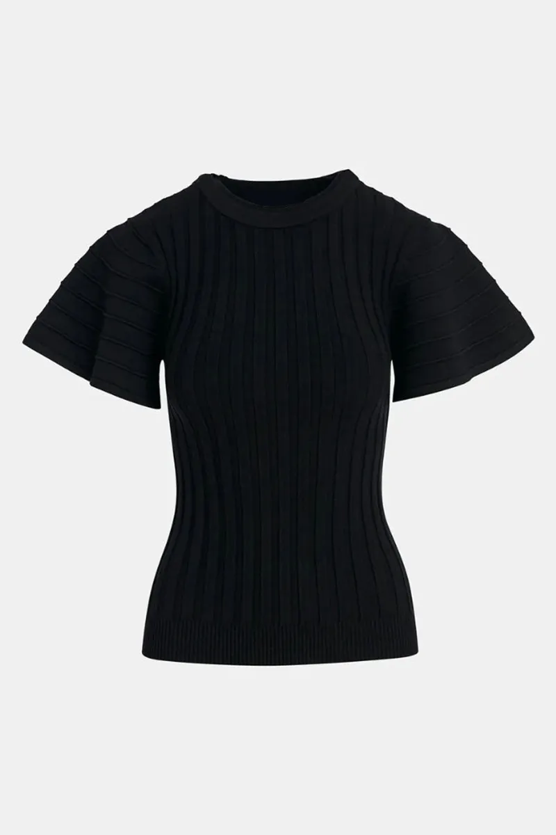 Black Ribbed Knit Flared Sleeve Tops