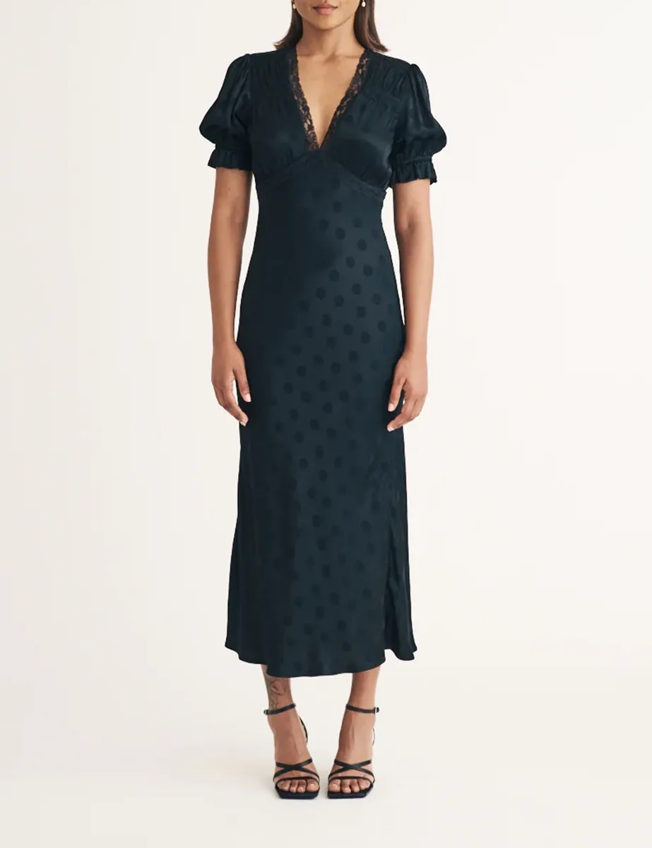 Black Polka Dot Jacquard Angela Midi Dress