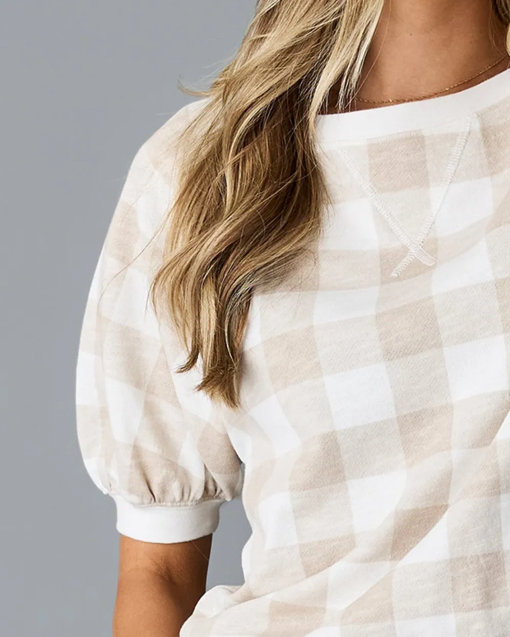 Cream Colored Checkered Short Sleeve Sweater