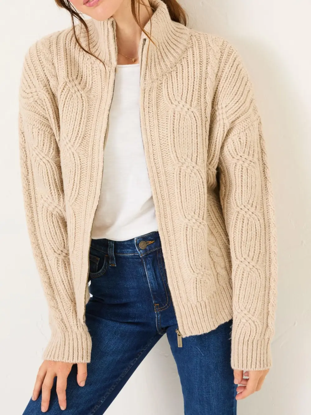 Natural Cable Knitted Zip Through Cardigan