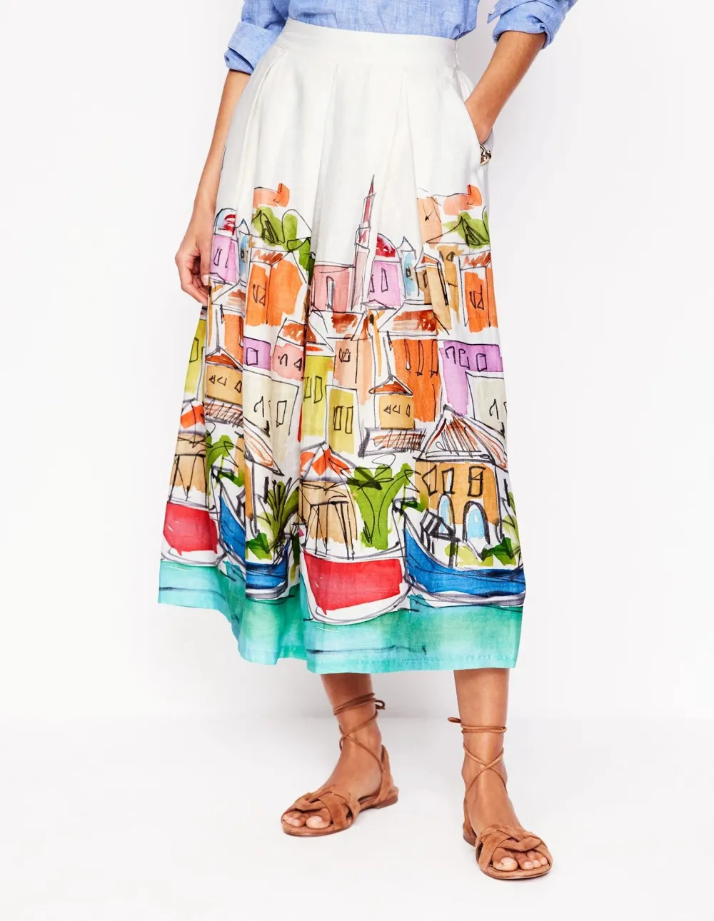 Multicolor Print Verity Linen Midi Skirt