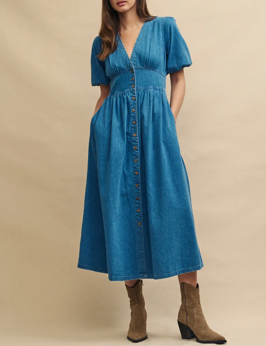 Mid Wash Blue Denim Midi Dress