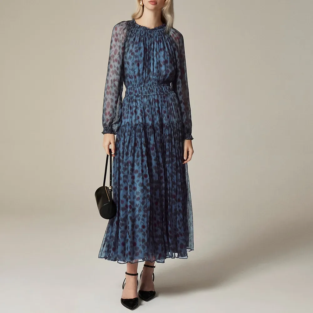 Crinkle Chiffon Sheer Long-Sleeve Dresses