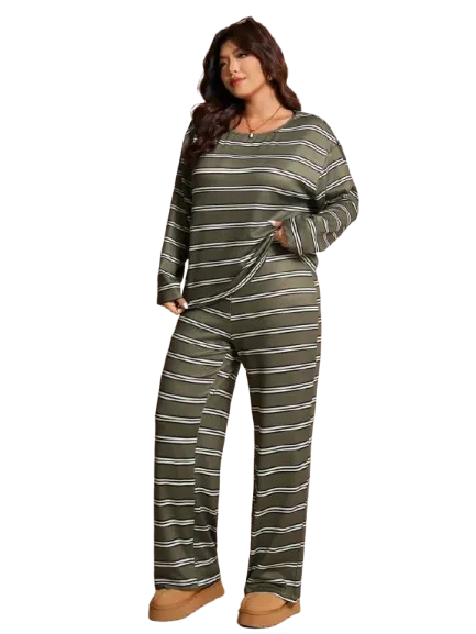Plus Size Women's Winter Off-Shoulder Striped 2pc Set