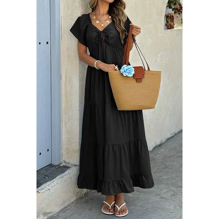 Cross V-Neck Knot Pockets Ruffle-Hem Dress