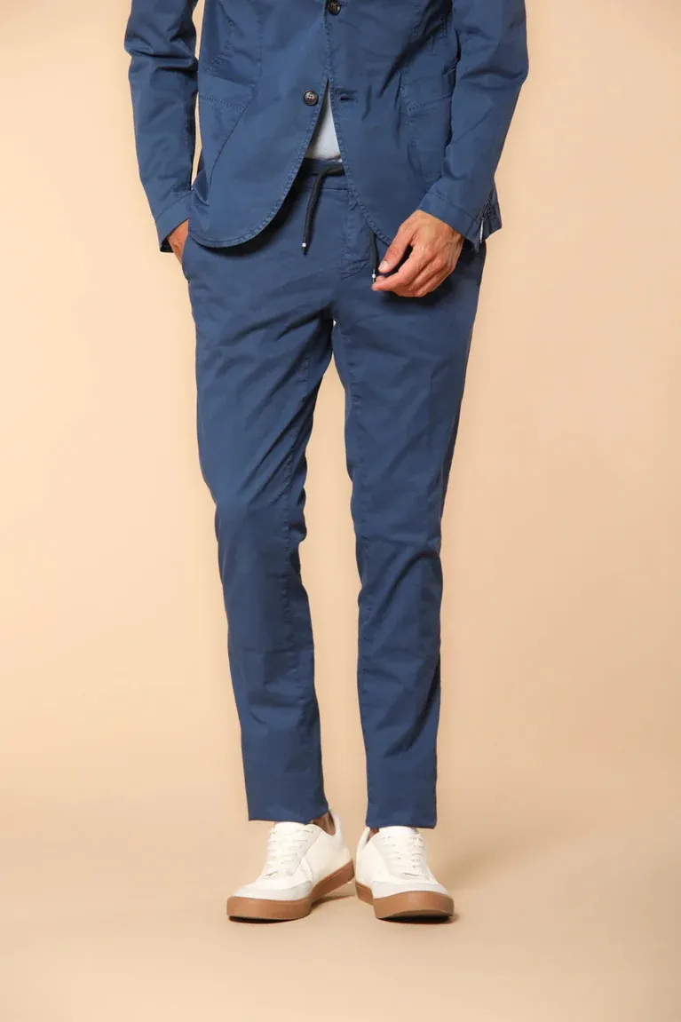 Men's Blue Twill Elastic Waist Slim Fit Trousers