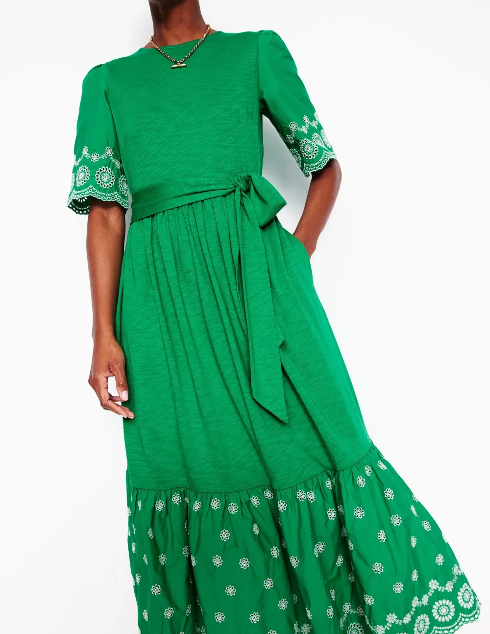 Emerald Green Embroidered - Hem Midi Dress