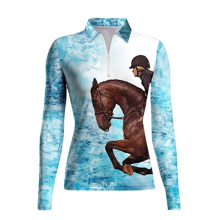 Women's Riding Style Horse Jumping Print Long Sleeve Casual Lapel Shirt