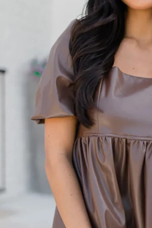 Chocolate Brown Faux Leather Mini Dress