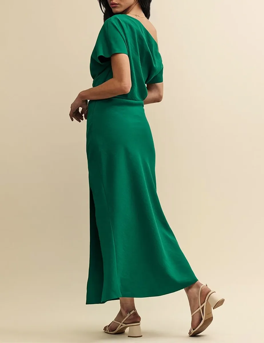Green Satin Asymmetric Sleeve Maxi Dress