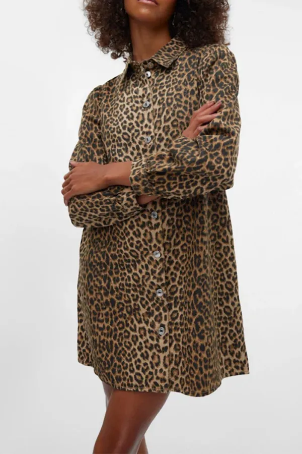 Leopard Print Shirt Collar Button Down Dresses