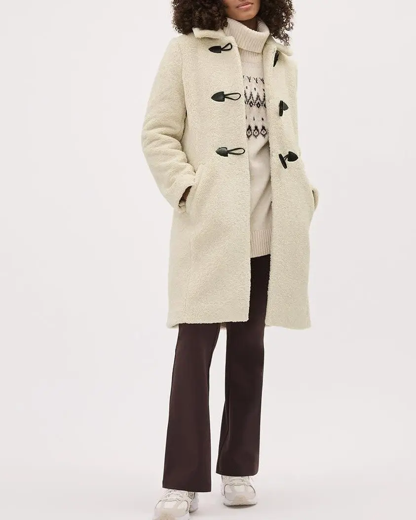 Casual Beige Fleece Like Long Coat with Toggle Fastening