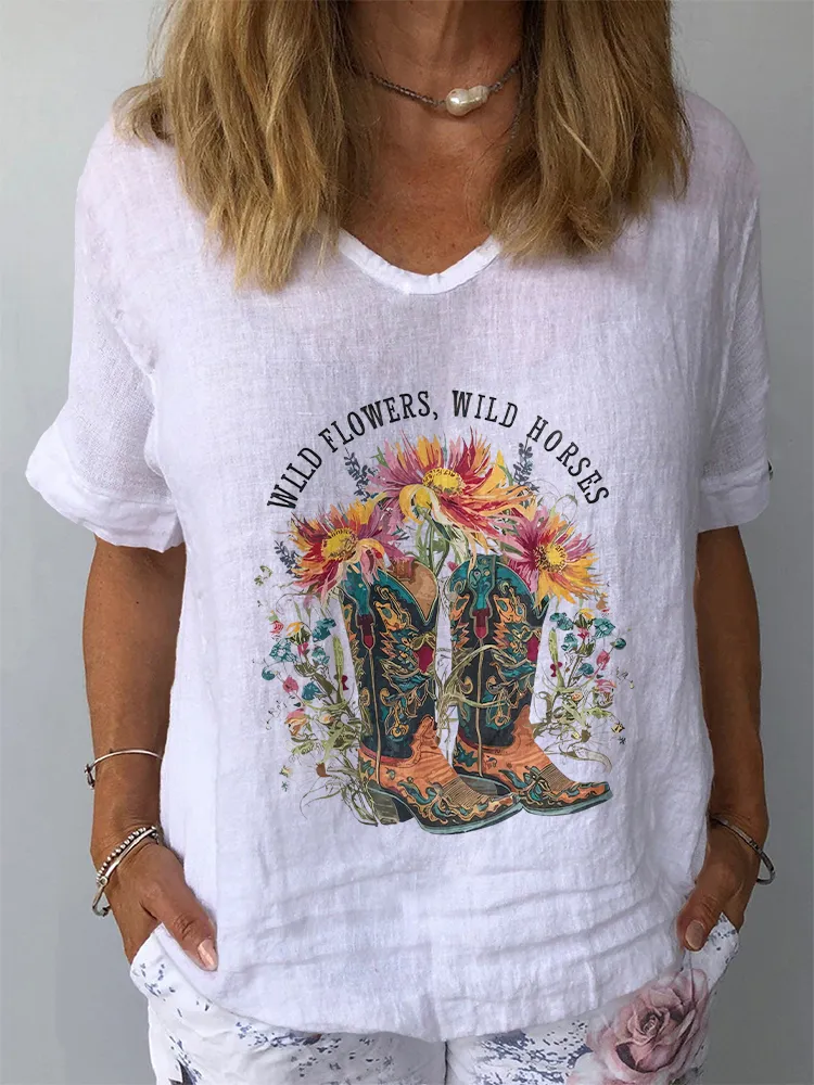 Women'S Wild Flowers,Wild Horses V-Neck Short-Sleeve Shirt
