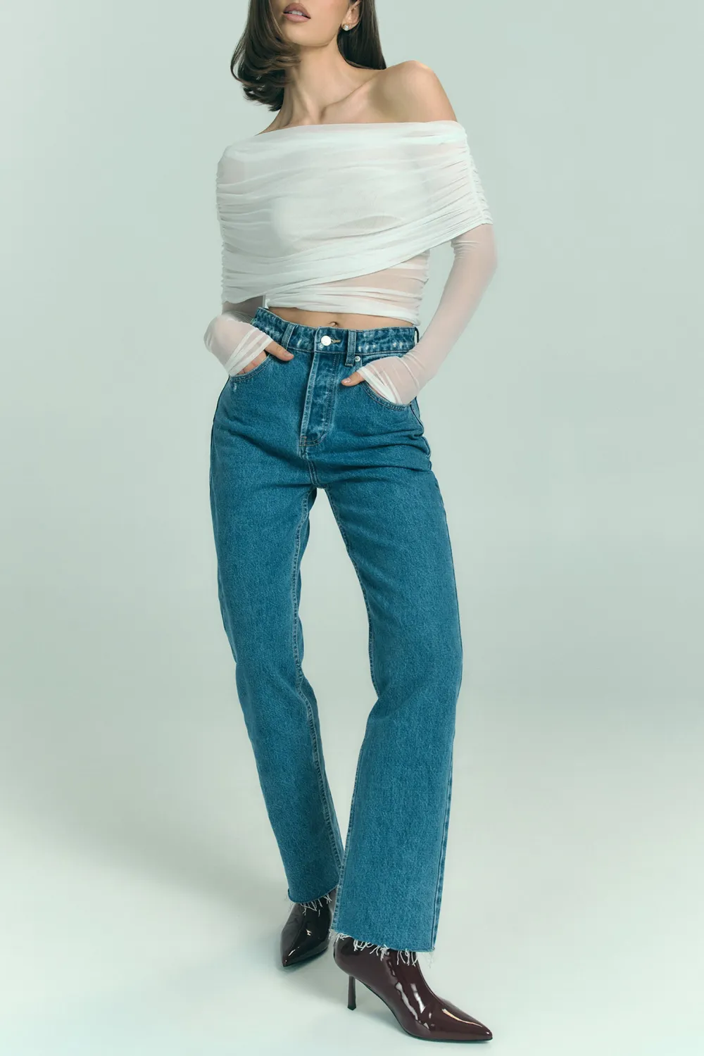 Sheer Mesh Off Shoulder Top