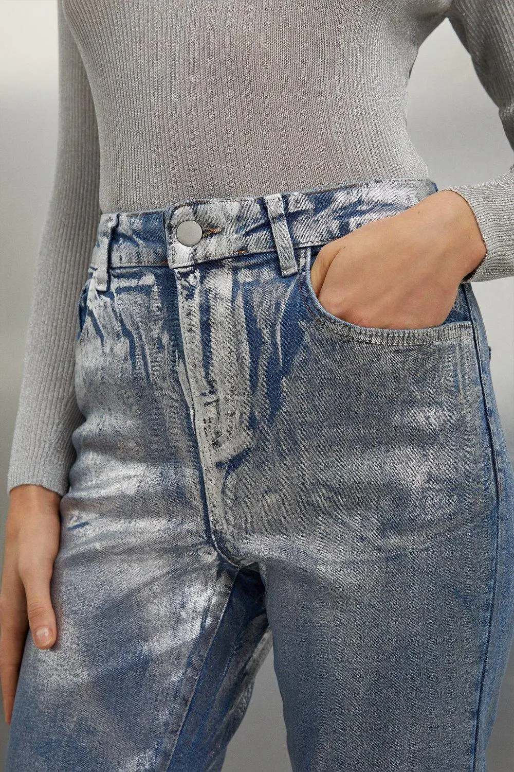 Slim Leg Silver Foiled Trouser