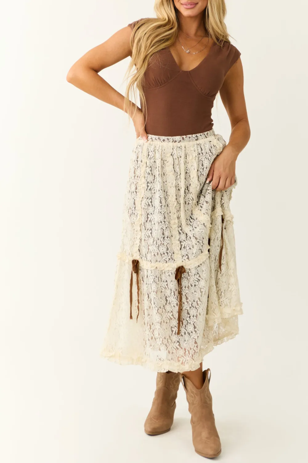Cream Lace Maxi Skirt with Velvet Bow Detail
