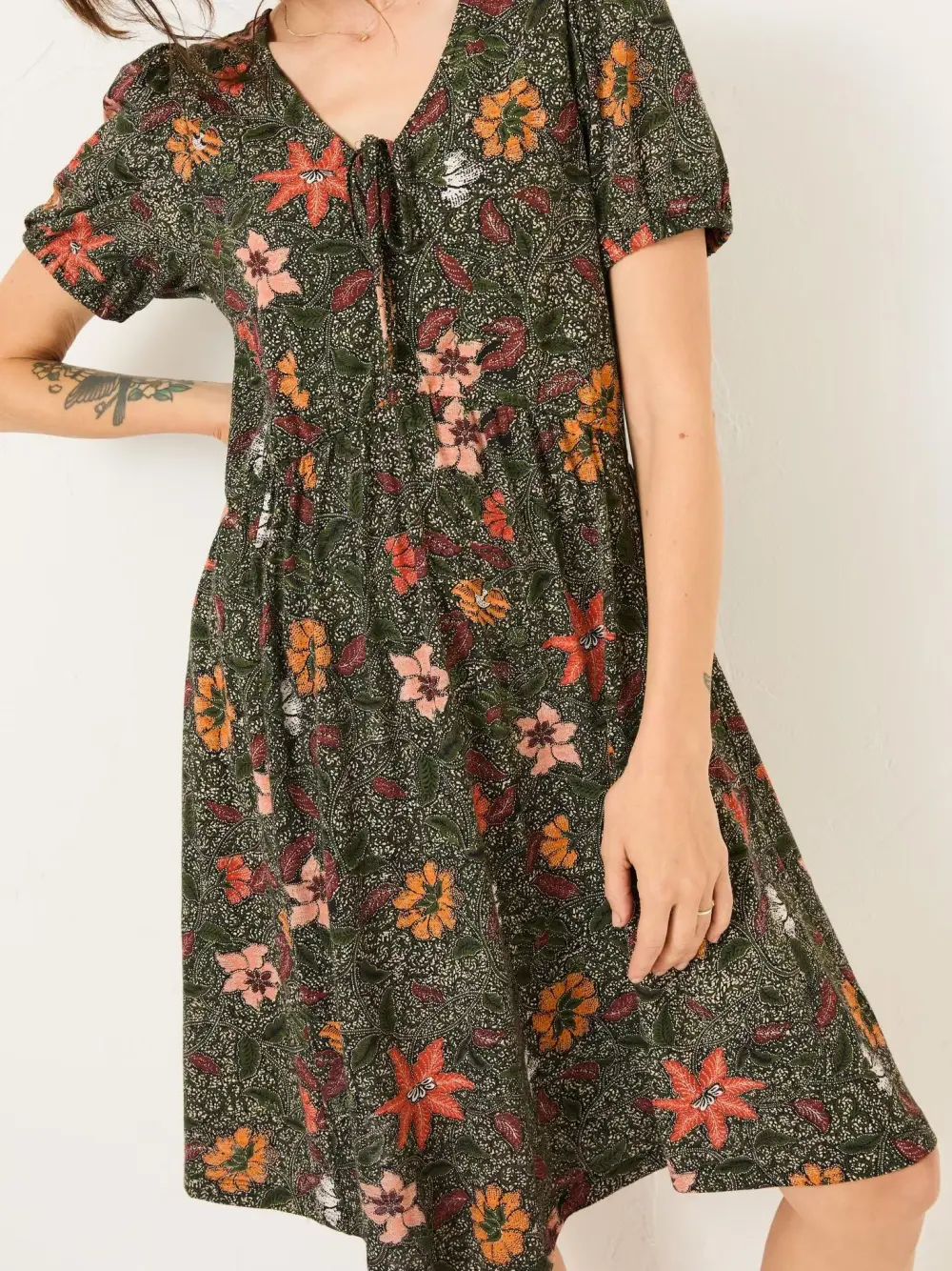 Black Floral Short Sleeve V-Neck Midi Dress