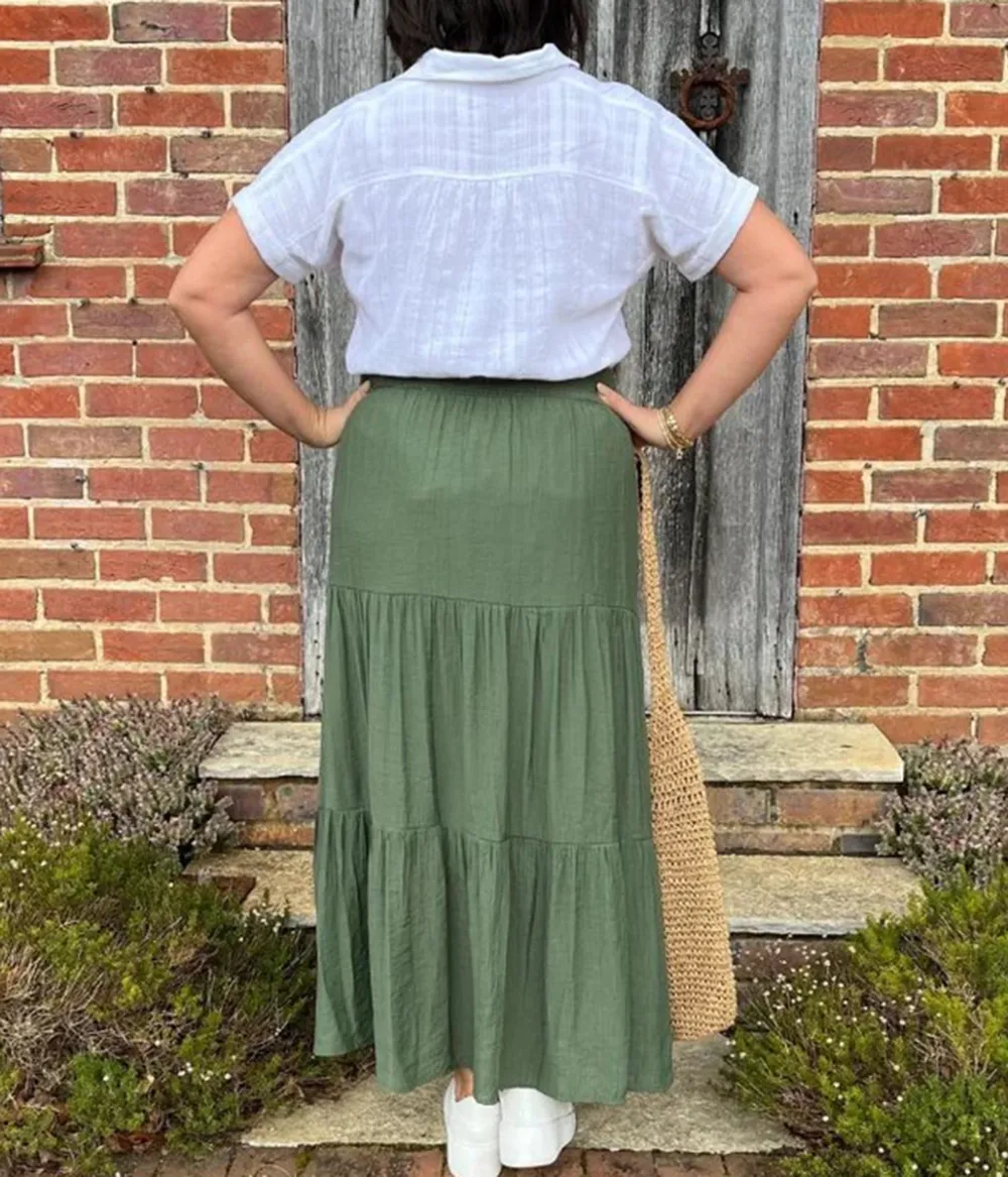 Khaki Tiered Maxi Skirt