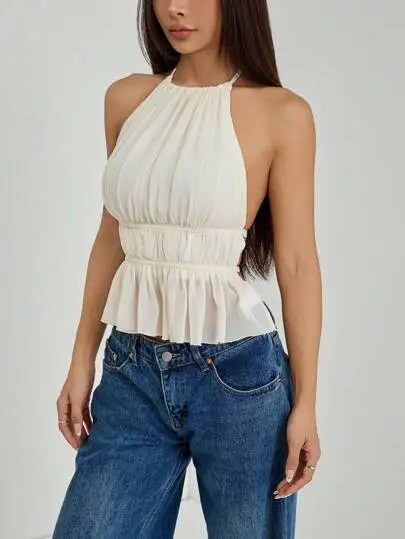 Pleated Halter Tie-Back Tank