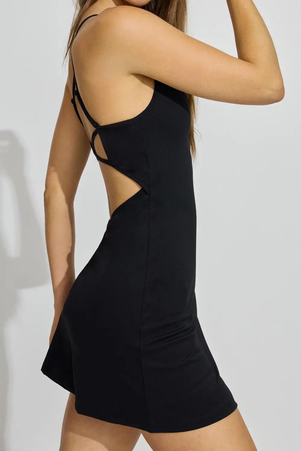 Soft Strappy Back Black Mini Dress