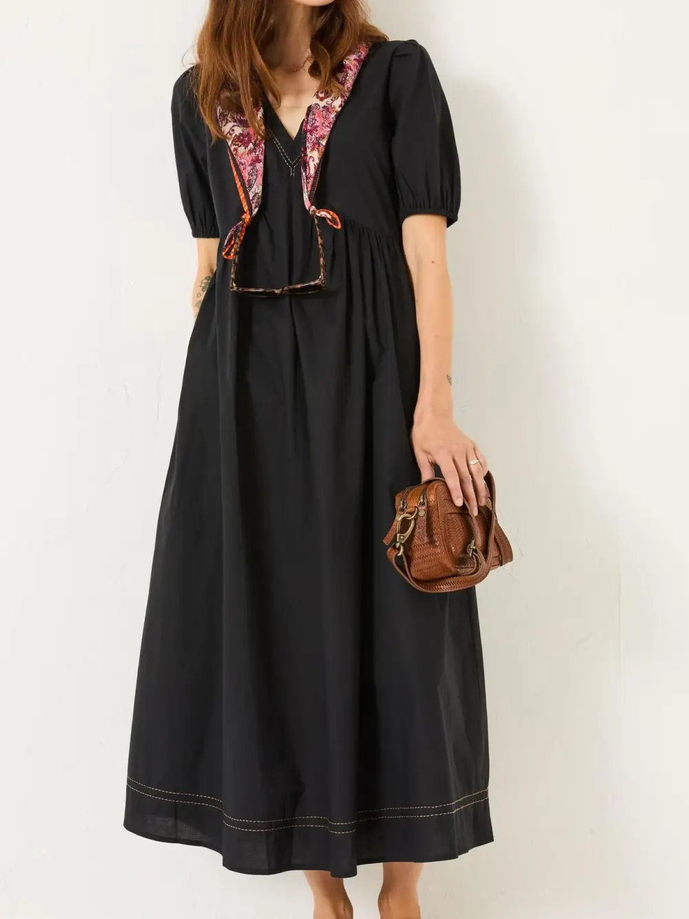Black Embroidered Cotton Midi Dress