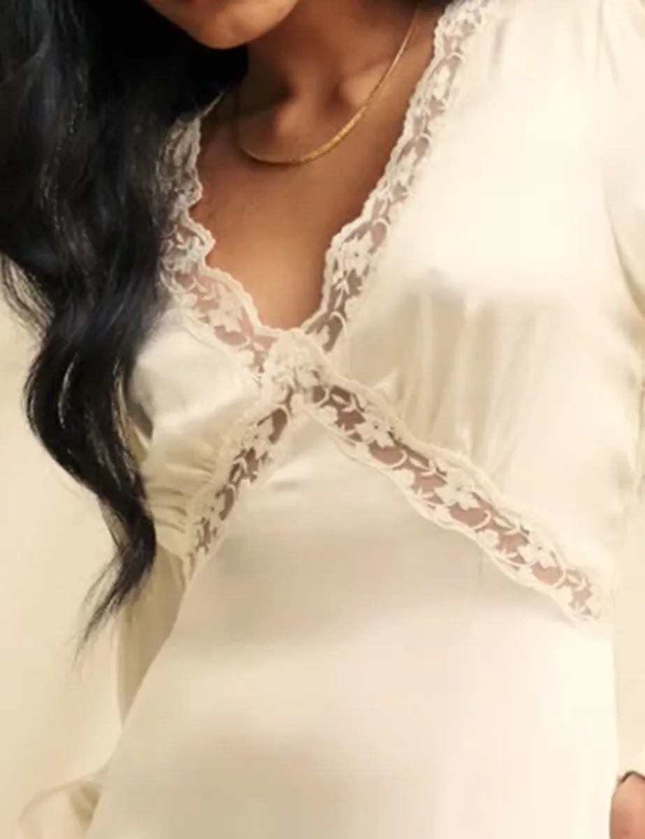 Ivory Satin Lace Trim Bridesmaid Maxi Dress